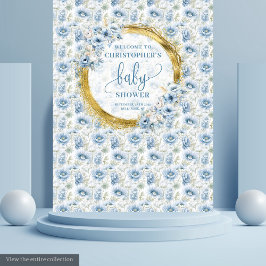 Charming Dusty Blue Gold Floral Baby Duschbanner Wandteppich