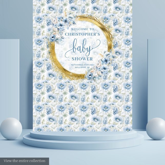 Charming Dusty Blue Gold Floral Baby Duschbanner Wandteppich (Charming Dusty Blue Gold Floral Baby Shower Banner Tapestry)