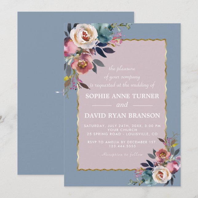 Charming Dusty Blue Misty Rose Floral Gold Hochzei Einladung (Vorne/Hinten)