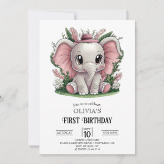 Charming Elephant 1. Geburtstag digital Einladung