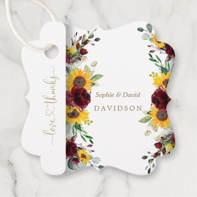 Charming Fall Burgund Rose Sonnenblumen Hochzeit Geschenkanhänger (Vorderseite)