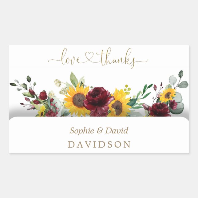 Charming Fall Burgund Sonnenblumen Hochzeit Rechteckiger Aufkleber (Vorderseite)