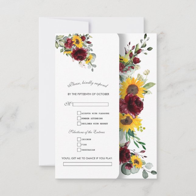 Charming Fall Burgund Sonnenblumen Hochzeit RSVP Karte (Vorderseite)