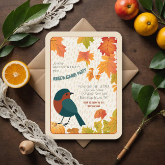 Charming Fall Housewarming Leaves Minimalist Bird Einladung