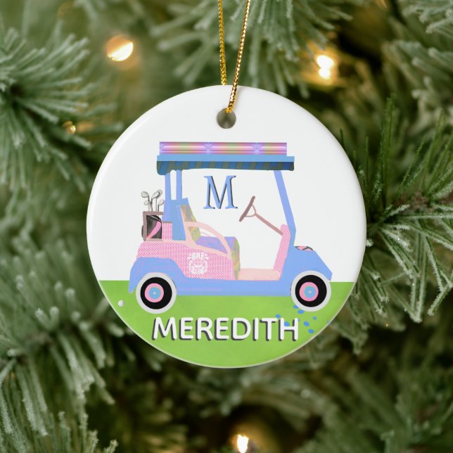 Charming Feminine Golf Cart Clubs Monogram Name Keramik Ornament (Baum)