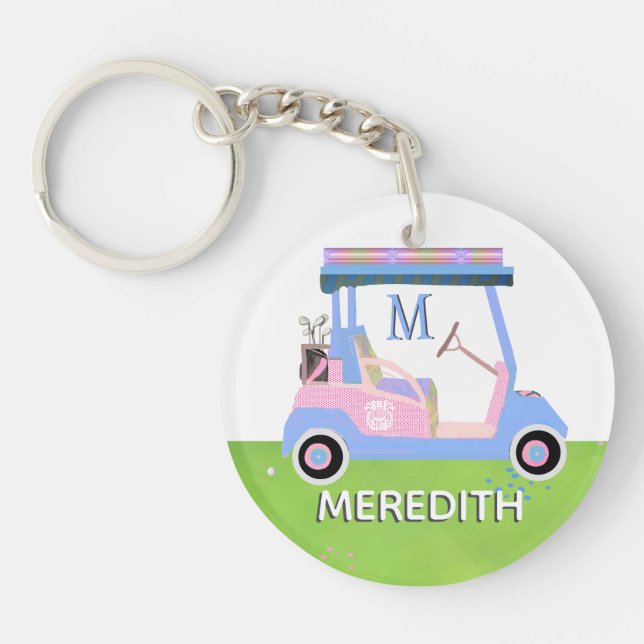 Charming Feminine Golf Cart Clubs Monogram Name Schlüsselanhänger (Vorderseite)