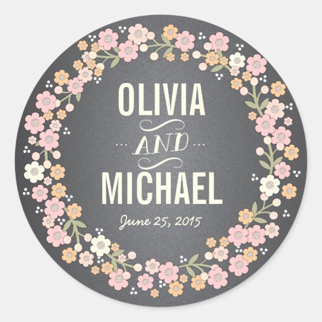 Charming Garden Blumenreath Personalisiert Aufkleb Runder Aufkleber (Vorderseite)