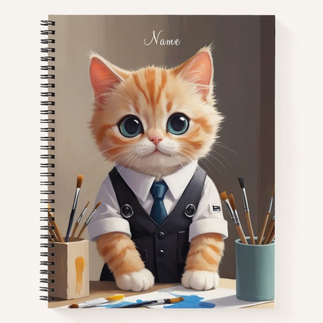 Charming Ginger Cat Artist mit Pinsel Niedlich Notizbuch (Vorderseite)
