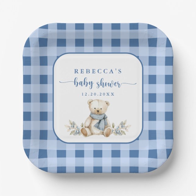 Charming Gingham Kariert Teddy Bear Baby Dusche Pappteller (Vorderseite)