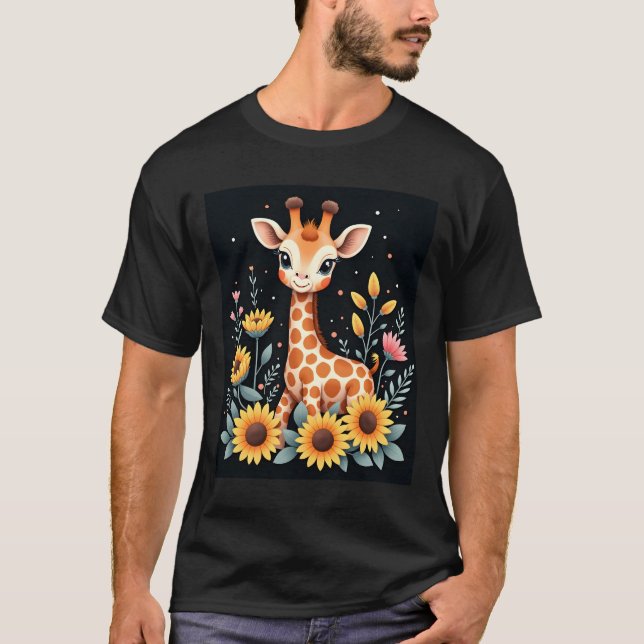 Charming Giraffe Surrounded By Flowers Long Sleeve T-Shirt (Vorderseite)