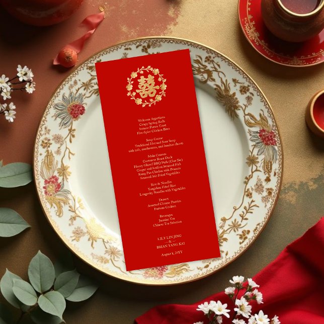 Charming Glitter Floral Chinese Double Happiness Menükarte (Charming Glitter Effect Floral Chinese Double Happiness Symbol Elegant Menu Cards Design.)