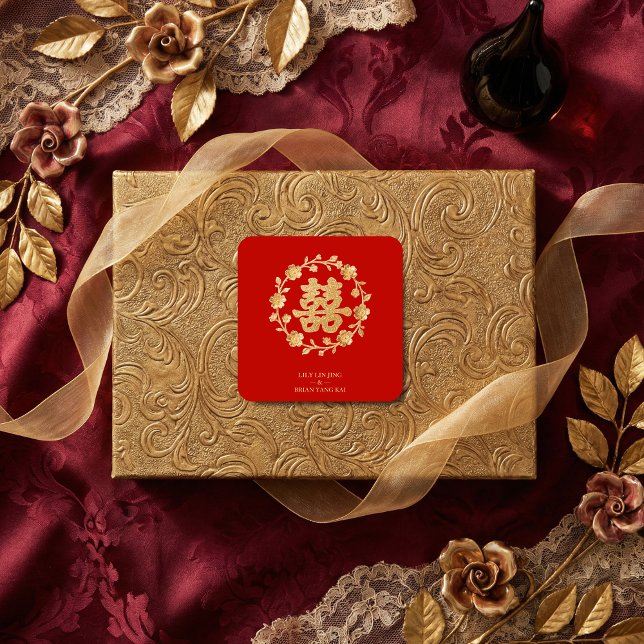 Charming Glitter Floral Chinese Double Happiness Quadratischer Aufkleber (Charming Glitter Effect Floral Chinese Double Happiness Symbol Classic Square Stickers Design.)