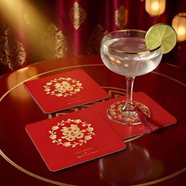 Charming Glitter Floral Chinese Double Happiness Rechteckiger Pappuntersetzer (Charming Glitter Effect Floral Chinese Double Happiness Symbol Elegant Square Paper Coaster Design. )