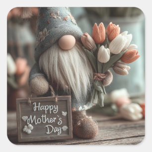 Charming Gnome Holding a "Happy Mother Day" Zeiche Quadratischer Aufkleber