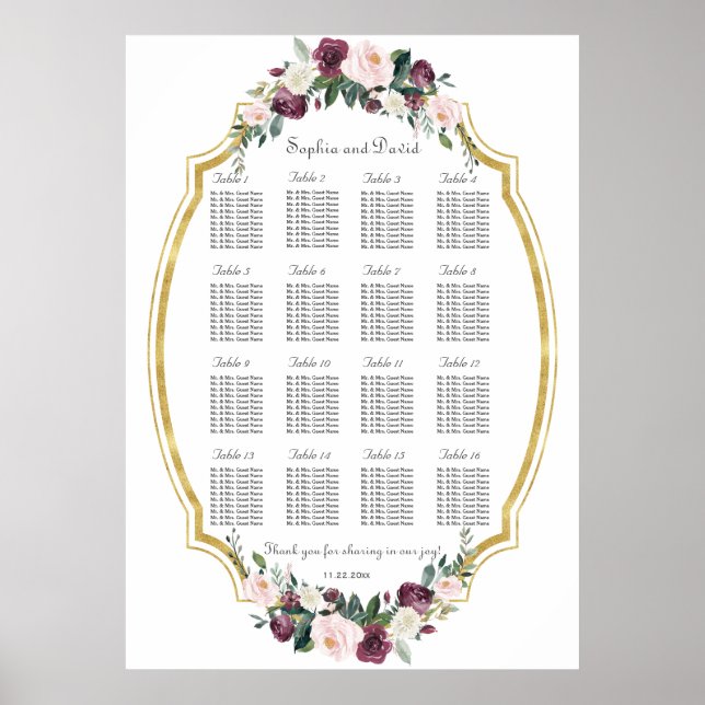 Charming Gold Burgundy Blush Bloral Seekarte Poster (Vorne)