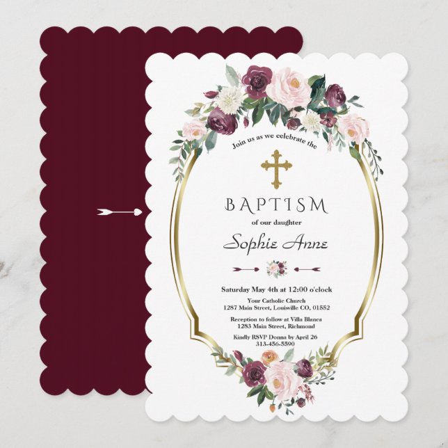 Charming Gold Burgundy Blush Bloral Taufe Einladung (Vorne/Hinten)