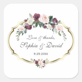 Charming Gold Burgundy Blush Floral Wedding Quadratischer Aufkleber