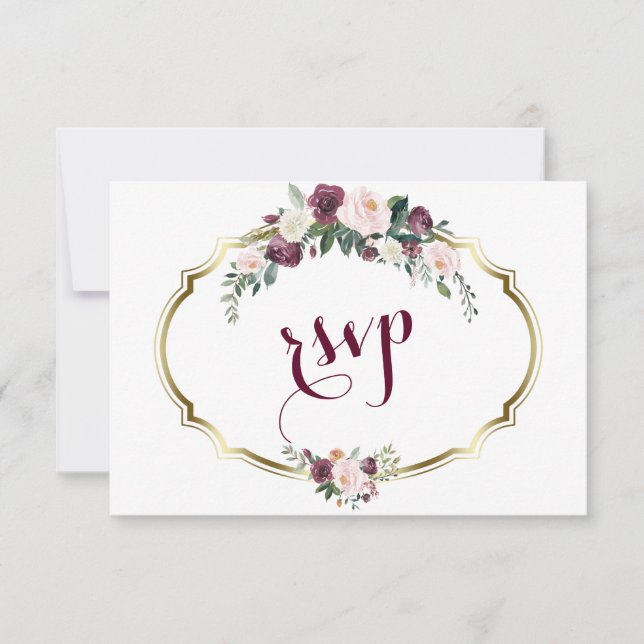 Charming Gold Burgundy Blush Floral Wedding RSVP (Vorderseite)