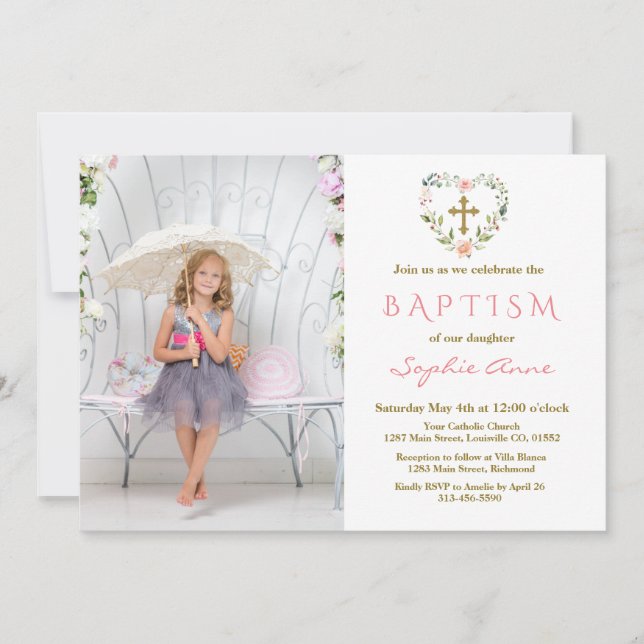 Charming Gold Cross Floral Girl Foto Taufe Einladung (Vorderseite)
