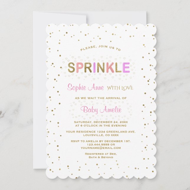 Charming Gold Glitzer SPRINKLE Girl Babydusche Einladung (Vorderseite)