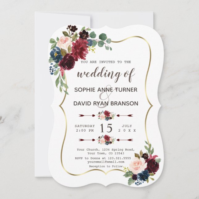 Charming Gold Merlot Navy Blue Floral Wedding Einladung (Vorderseite)