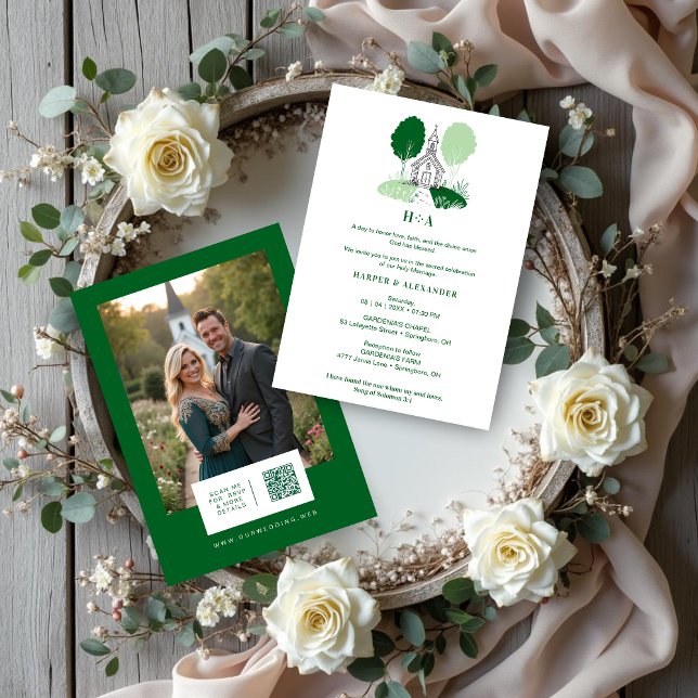 Charming Green Church Illustration Christian Einladung (Charming Green Shades Church Illustration Christian Wedding Invitation Cards with Back Photo.)