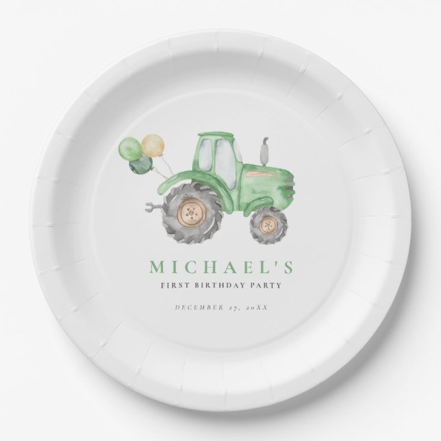 Charming Green Tractor Birthday Pappteller (Vorderseite)