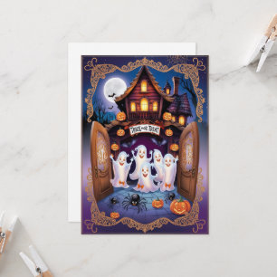 Charming Halloween Cat and Pumpkin House Karte