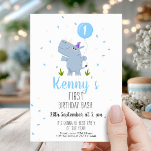 Charming Hippo Blue Balloon 1. Geburtstag Einladung