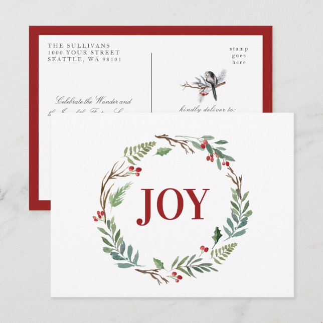 Charming Holiday Christmas JOY Wreath Winter Bird Postkarte (Vorne/Hinten)