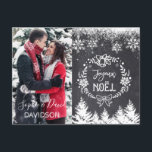 Charming JOYEUX NOËL Chalkboard Foto Einladungspostkarte<br><div class="desc">Elegantes Design mit einer eleganten,  modernen Typografie von "JOYEUX NOËL" auf einem Kalkbretterrain mit Schneeflocken und Bäumen und Ihrem Foto. Benutzen Sie das Tool Anpassen,  um Ihr eigenes Foto (Paar,  Kinder,  Foto,  Haustier-Foto) hinzuzufügen,  um die Farbe der Namen zu ändern,  um die Foto-Farben anzupassen. Mehr Ideen in meiner Weihnachts-Foto-Sammlung.</div>