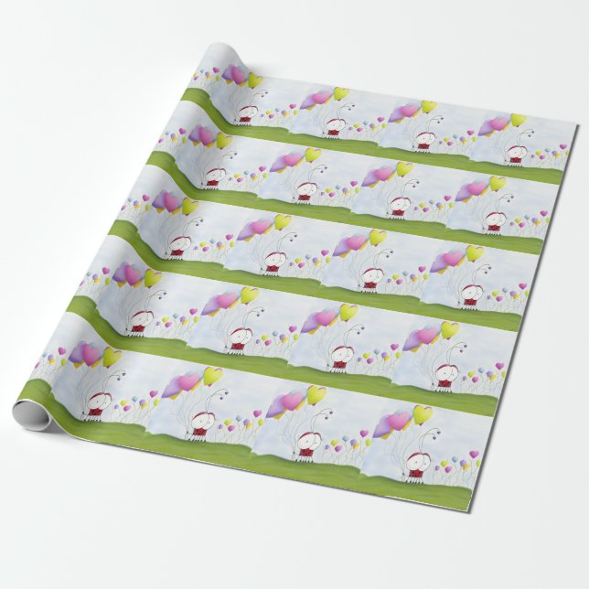 Charming Ladybug mit farbenfrohen Herzballons Geschenkpapier (Ungerollt)