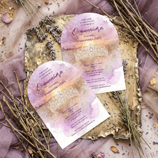 Charming Lilac & Gold Tiara Watercolor Quinceañera Acryleinladungen