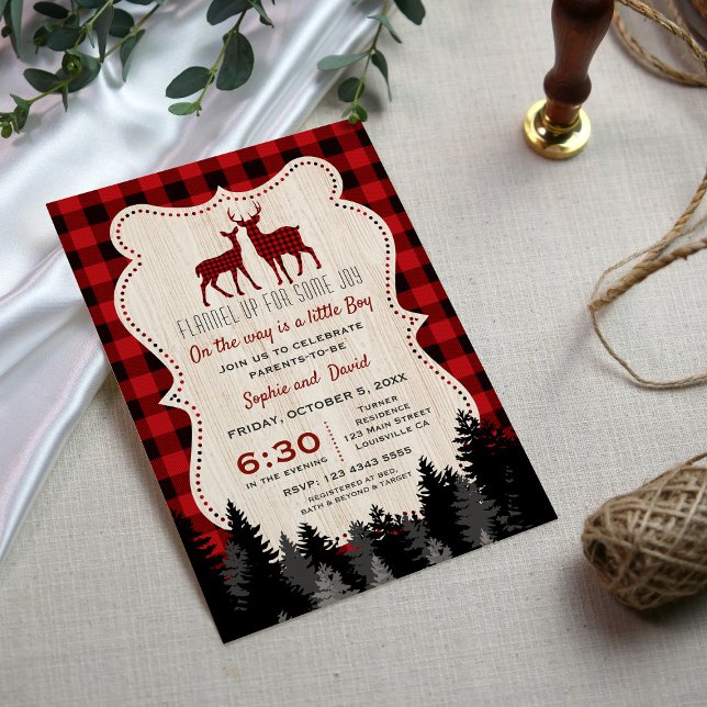 Charming Little Hunter Lumberjack Baby Dusche Einladung (lumberjack baby shower invite, little hunter baby shower invitation, red buffalo forest baby shower)