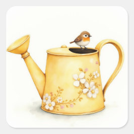 Charming little robin perched on a watering can quadratischer aufkleber