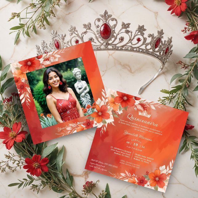 Charming Lovely Floral Frame Garland Spanish Photo Einladung (Charming Lovely Floral Frame Garlands Spanish Photo Quinceañera Invitations Cards in Red Shades.)