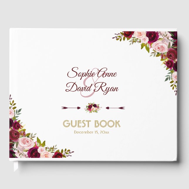 Charming Marsala Floral Burgundy Wedding Gästebuch (Vorderseite)