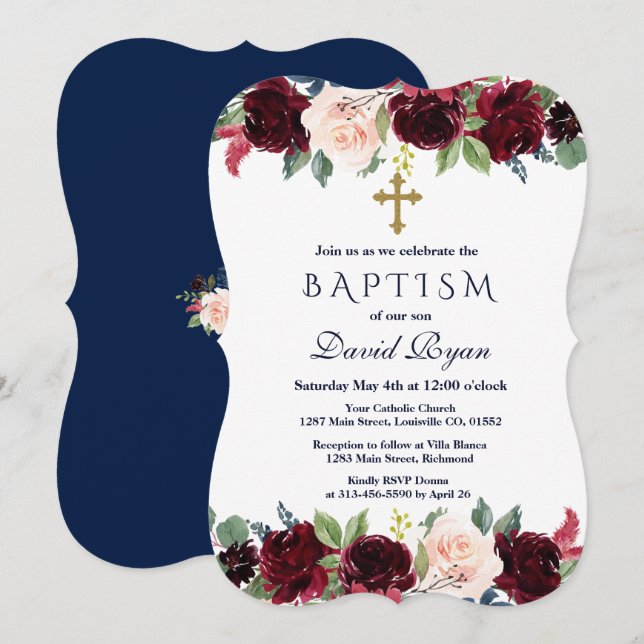 Charming Merlot Navy Blue Floral Taufe Einladung (Vorne/Hinten)