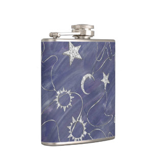 Charming Mystique Silver Moon Stars Sun Amulet Flachmann