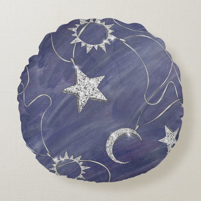 Charming Mystique Silver Moon | Stars Sun Amulet Rundes Kissen (Vorderseite)