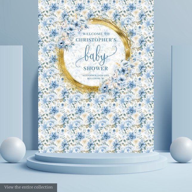 Charming Pastel Blue Gold Blume Kinderdusche Wandteppich (Charming Pastel Blue Gold Flowers Baby Shower Tapestry)