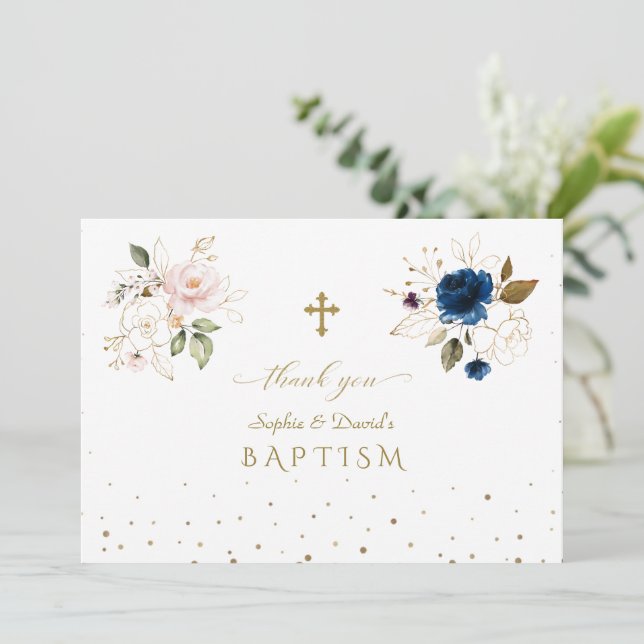 Charming Pink Blue Gold Blume Twins Taufe Dankeskarte (Stehend Vorderseite)
