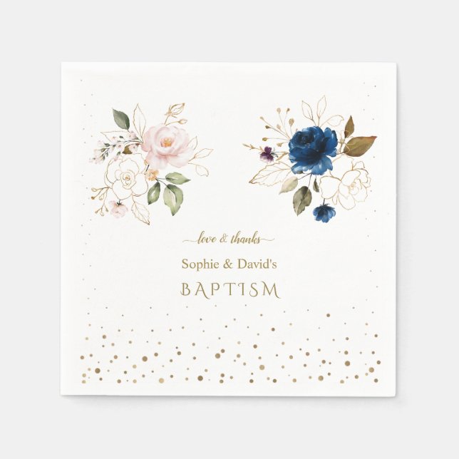Charming Pink Blue Gold Blume Twins Taufe Serviette (Vorderseite)