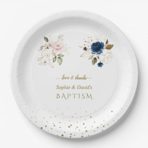 Charming Pink Blue Gold Blume Twins Taufe Squ Pappteller