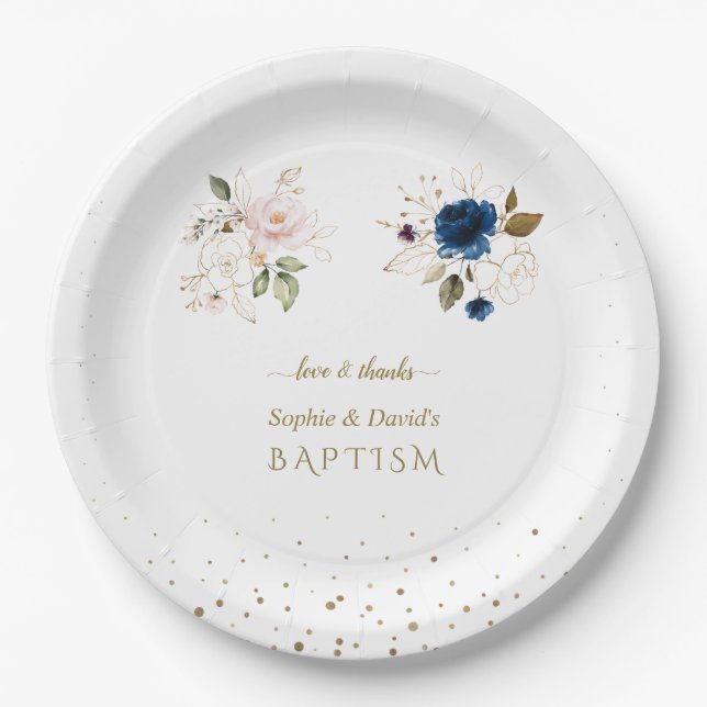 Charming Pink Blue Gold Blume Twins Taufe Squ Pappteller (Vorderseite)