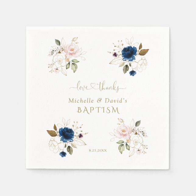 Charming Pink Blue Gold Floral Twins Taufe Serviette (Vorderseite)