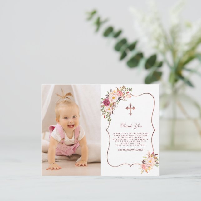 Charming Pink Blume Gold Foto Girl Taufe Dankeskarte (Stehend Vorderseite)