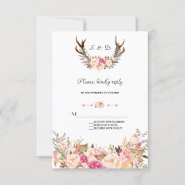 Charming Pink Blush Floral Antlers Wedding RSVP