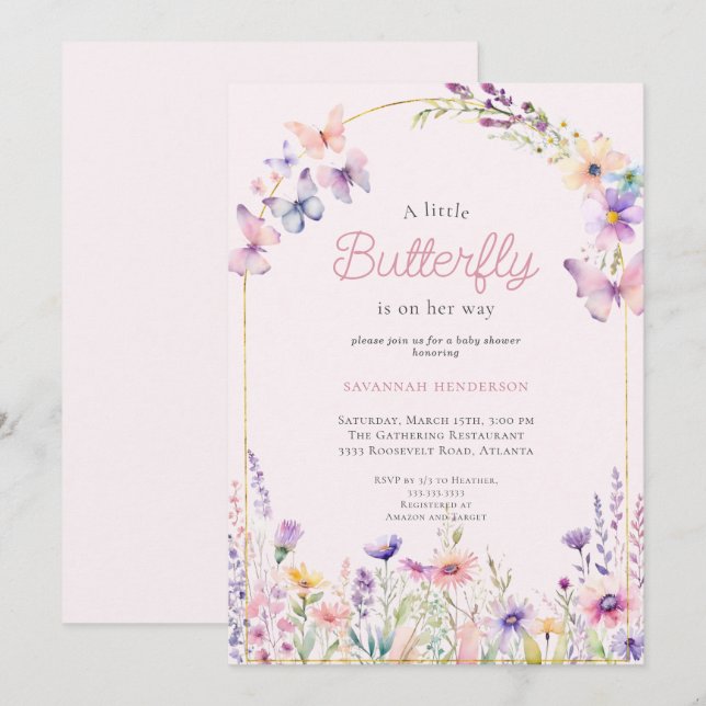 Charming Pink Floral Butterfly Babydusche Einladung (Vorne/Hinten)