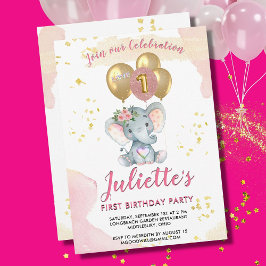 Charming Pink Floral Elephant First Birthday Girl Einladung